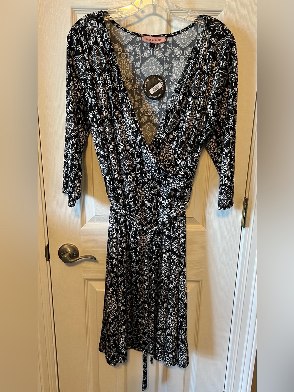 Black and White Printed Faux-Wrap Dress with V-Neck